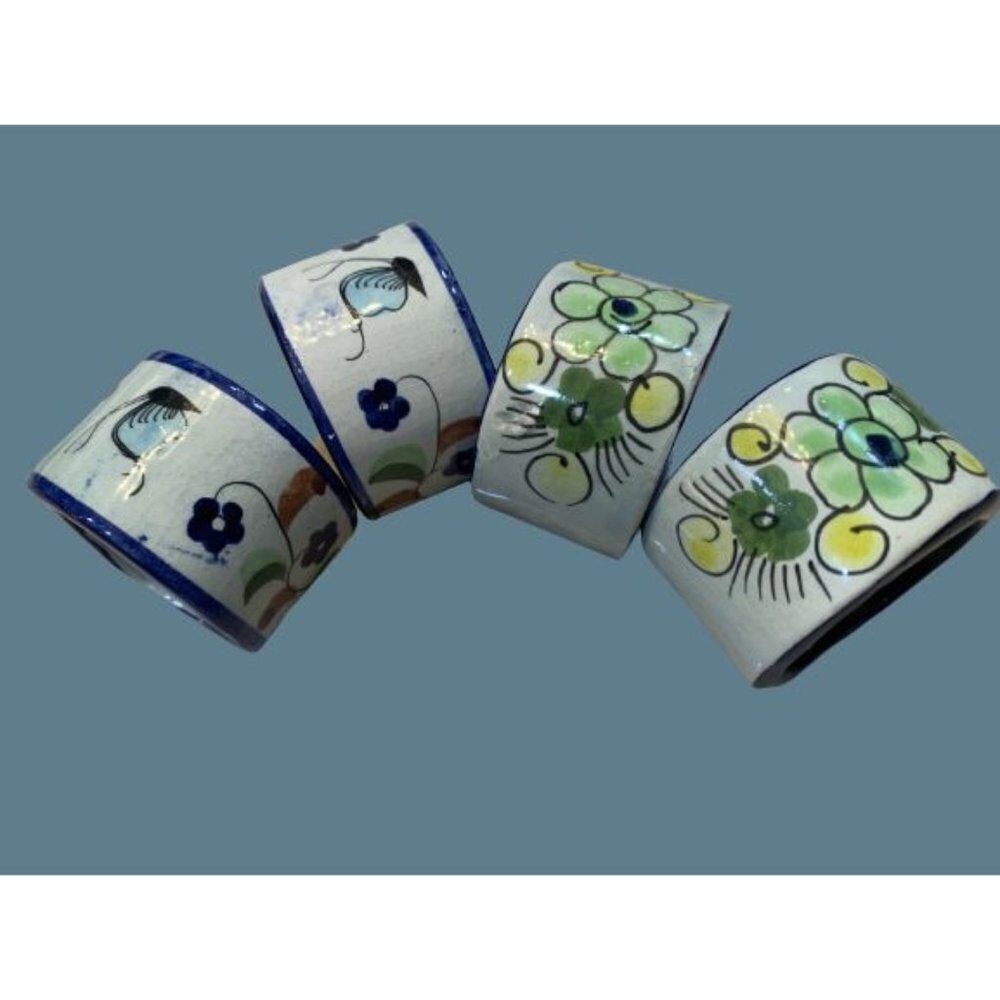 Set of 4 Made in Mexico Tonala Green 7 Blue Floral Hand Painted Napkin Rings
